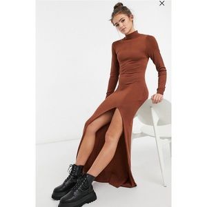 Knitted high neck maxi dress with thigh split in rust